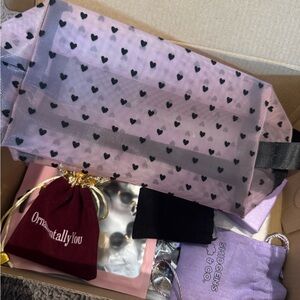 Heart Patterned Mesh Bag with Assorted Jewelry Pouches